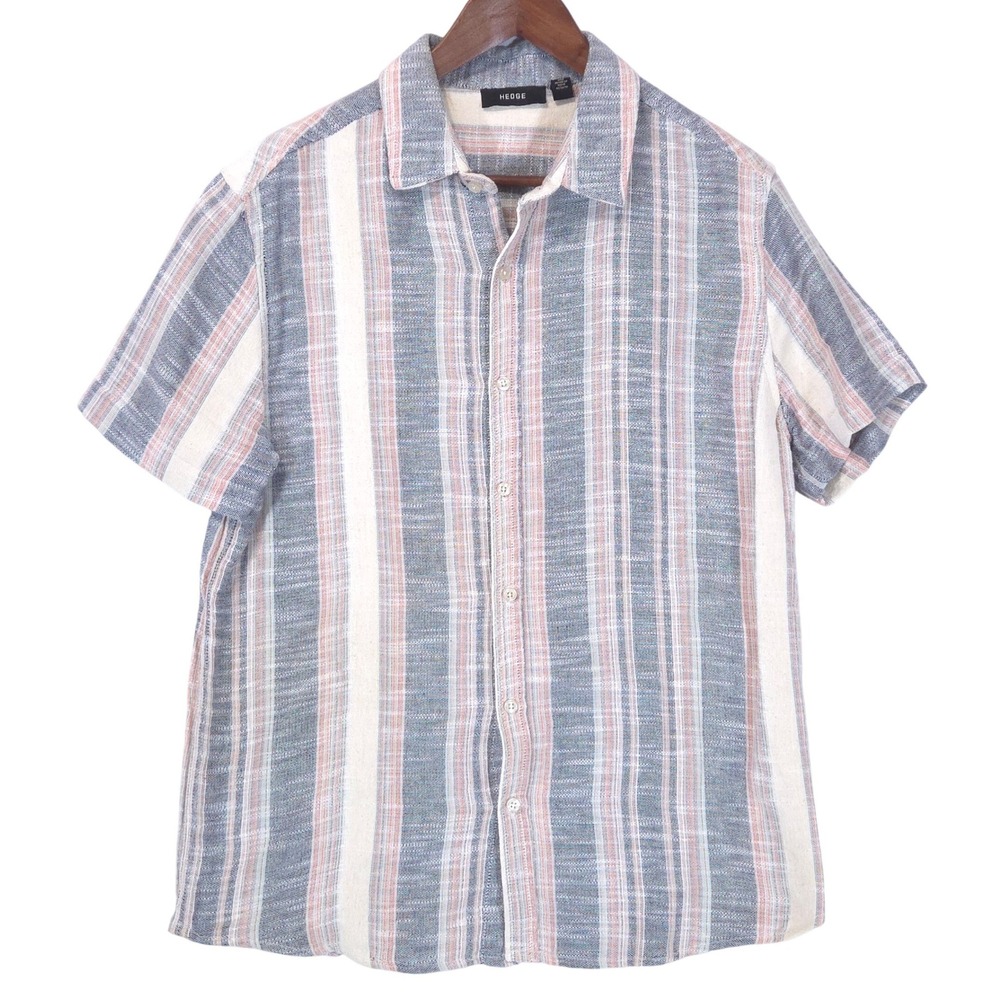 HEDGE Linen Blend Stripe Shirt Mens M Textured Button Down Blue Cream Coastal